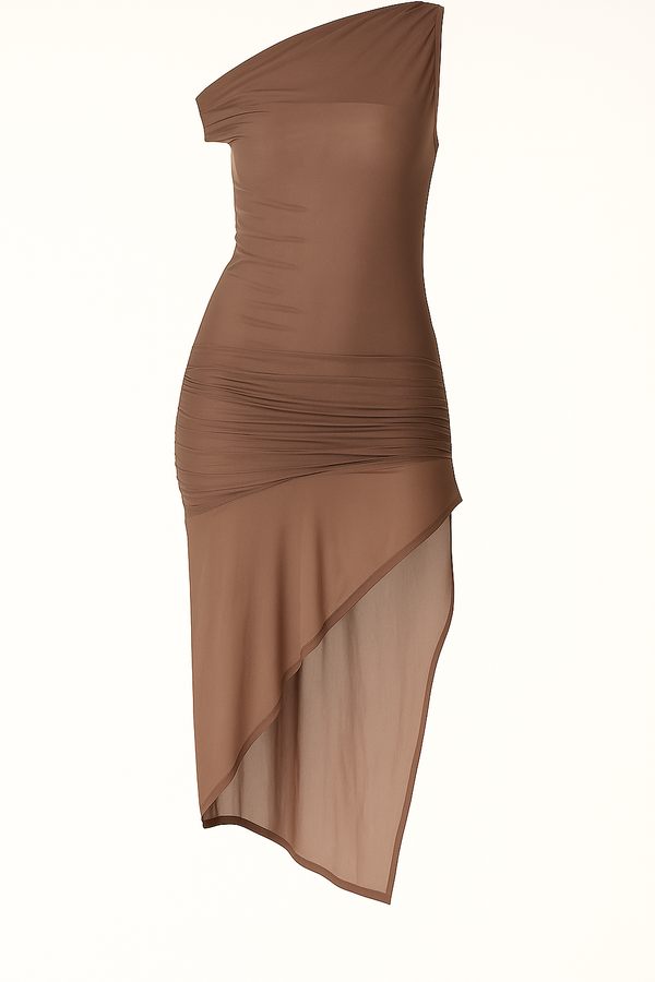 VESTIDO MIDI ASIMÉTRICO DE UN HOMBRO MOCHA