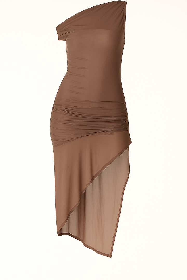 VESTIDO MIDI ASIMÉTRICO DE UN HOMBRO MOCHA