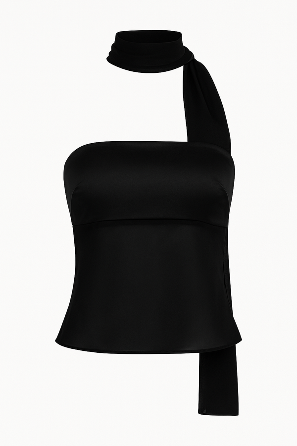 TOP STRAPLESS DE SATIN & GASA CON BUFANDA A JUEGO NEGRA