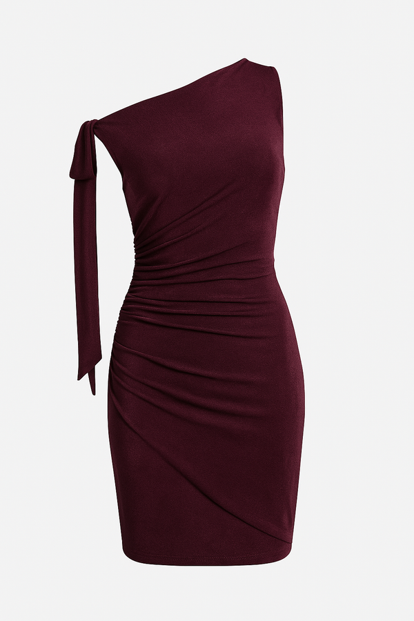 VESTIDO CORTO FRUNCIDO CON DETALLE DE LAZO EN HOMBRO PÚRPURA