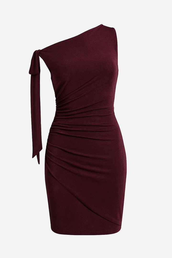 VESTIDO CORTO FRUNCIDO CON DETALLE DE LAZO EN HOMBRO PÚRPURA