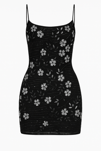 VESTIDO CORTO CON DETALLE DE FLORES BORDADAS NEGRO