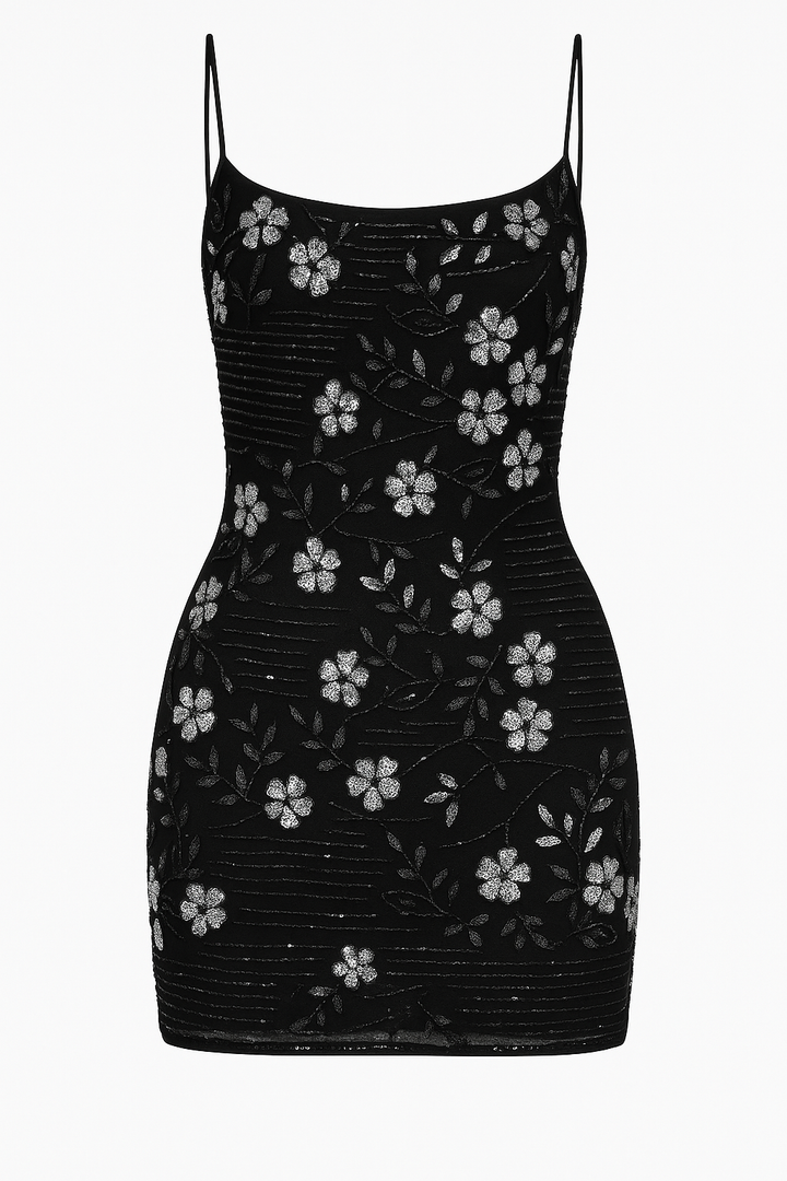 VESTIDO CORTO CON DETALLE DE FLORES BORDADAS NEGRO