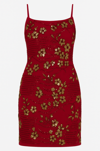 VESTIDO CORTO CON FLORES BORDADAS ROJO