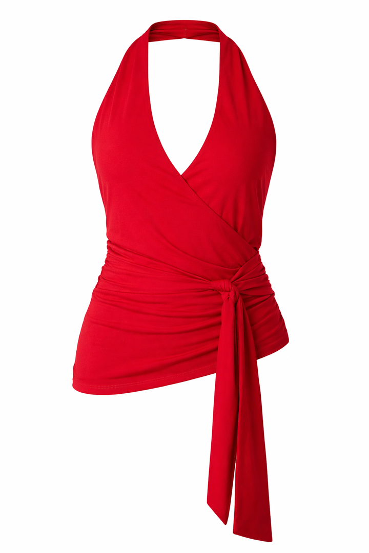 BLUSA HALTER ROJA CON NUDO EN CINTURA