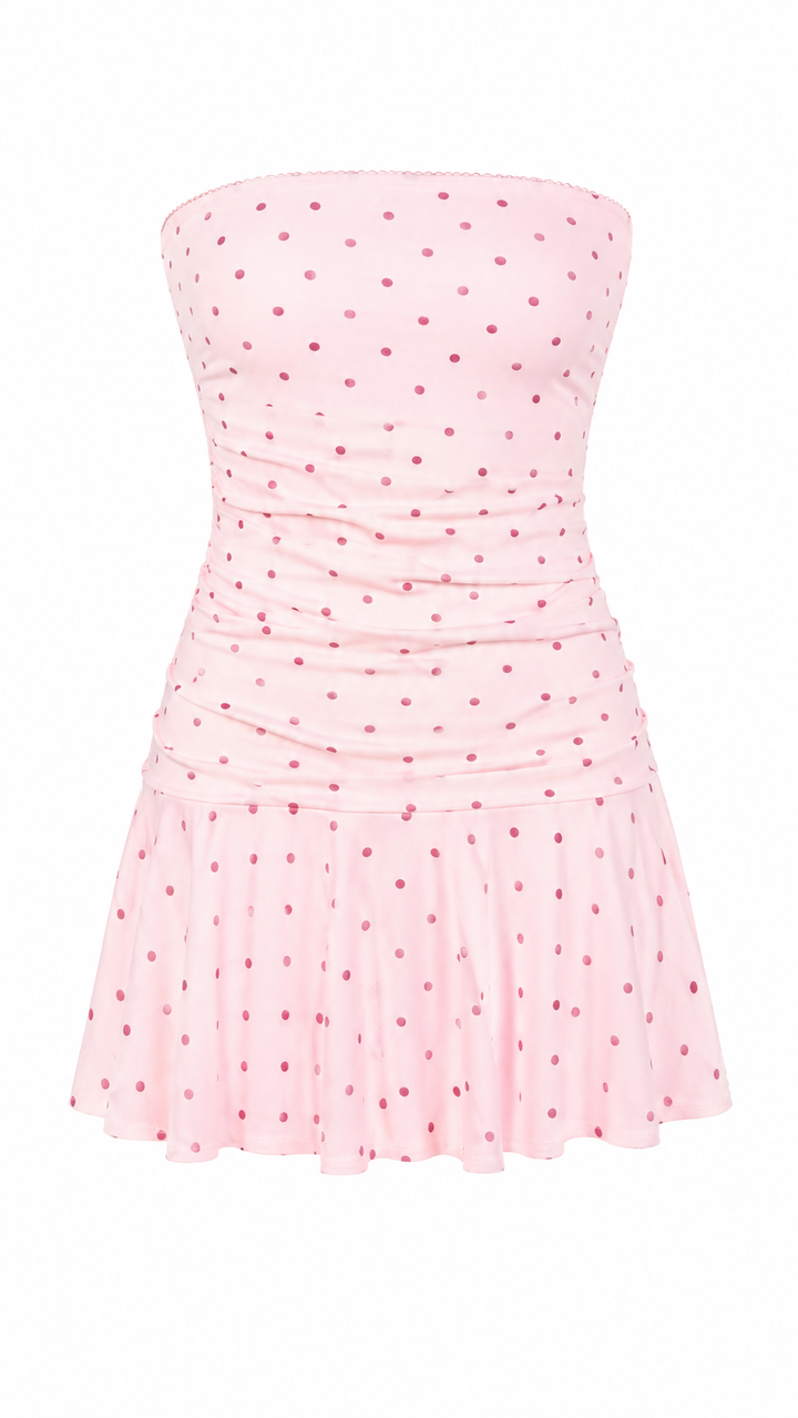 VESTIDO CORTO STRAPLESS POLKA ROSA