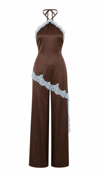 JUMPSUIT SATÍN CAFÉ CON ENCAJE AZUL