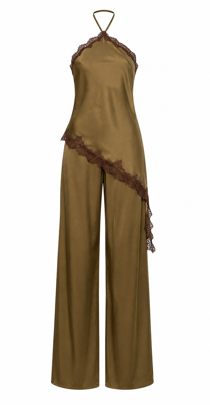 JUMPSUIT SATÍN OLIVO CON ENCAJE CAFÉ