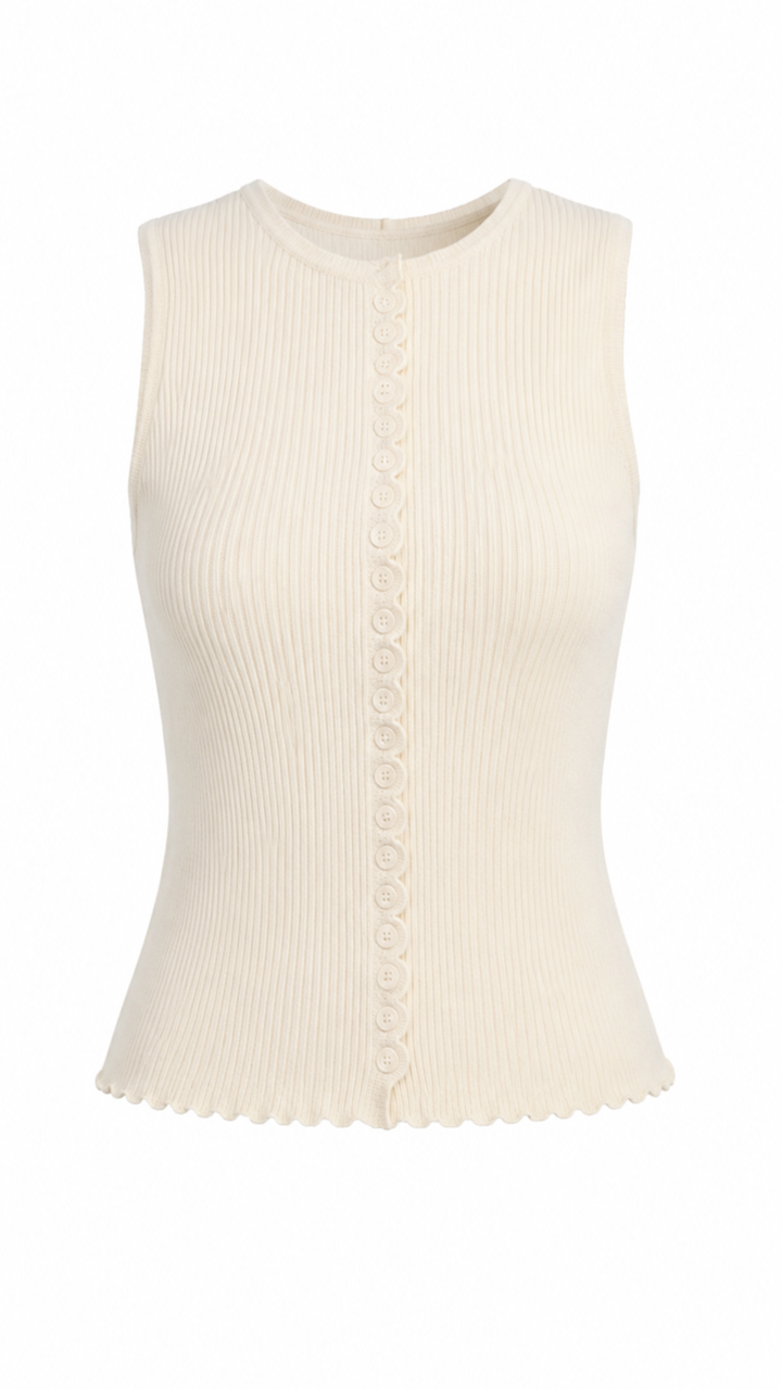 TOP RIB BOTONES SIN MANGA IVORY