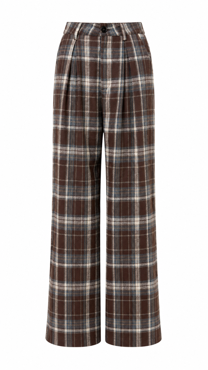 PANTALÓN FORMAL WIDE LEG DE CUADROS CAFÉ