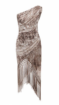 VESTIDO OFF SHOULDER CON ESTAMPADO Y FLECOS