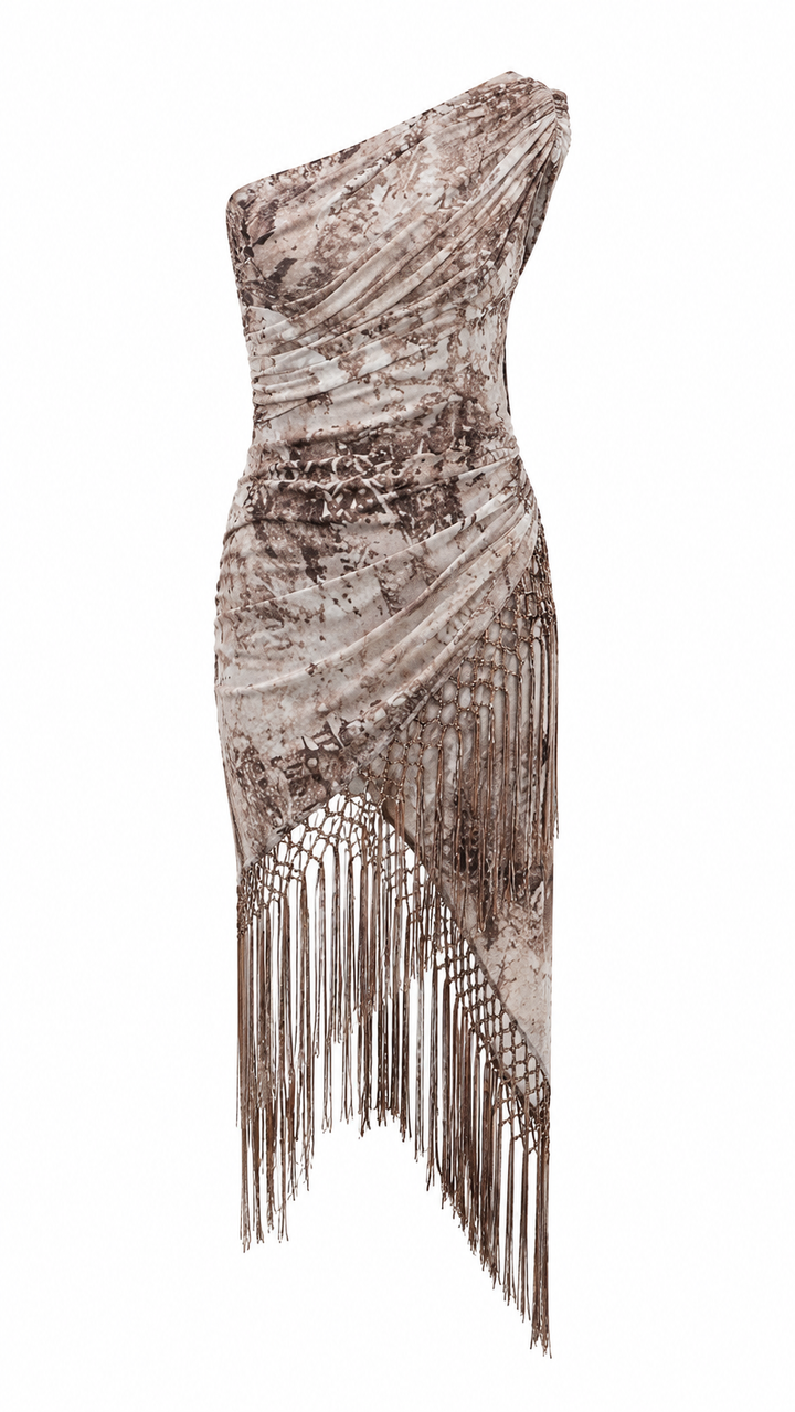 VESTIDO OFF SHOULDER CON ESTAMPADO Y FLECOS