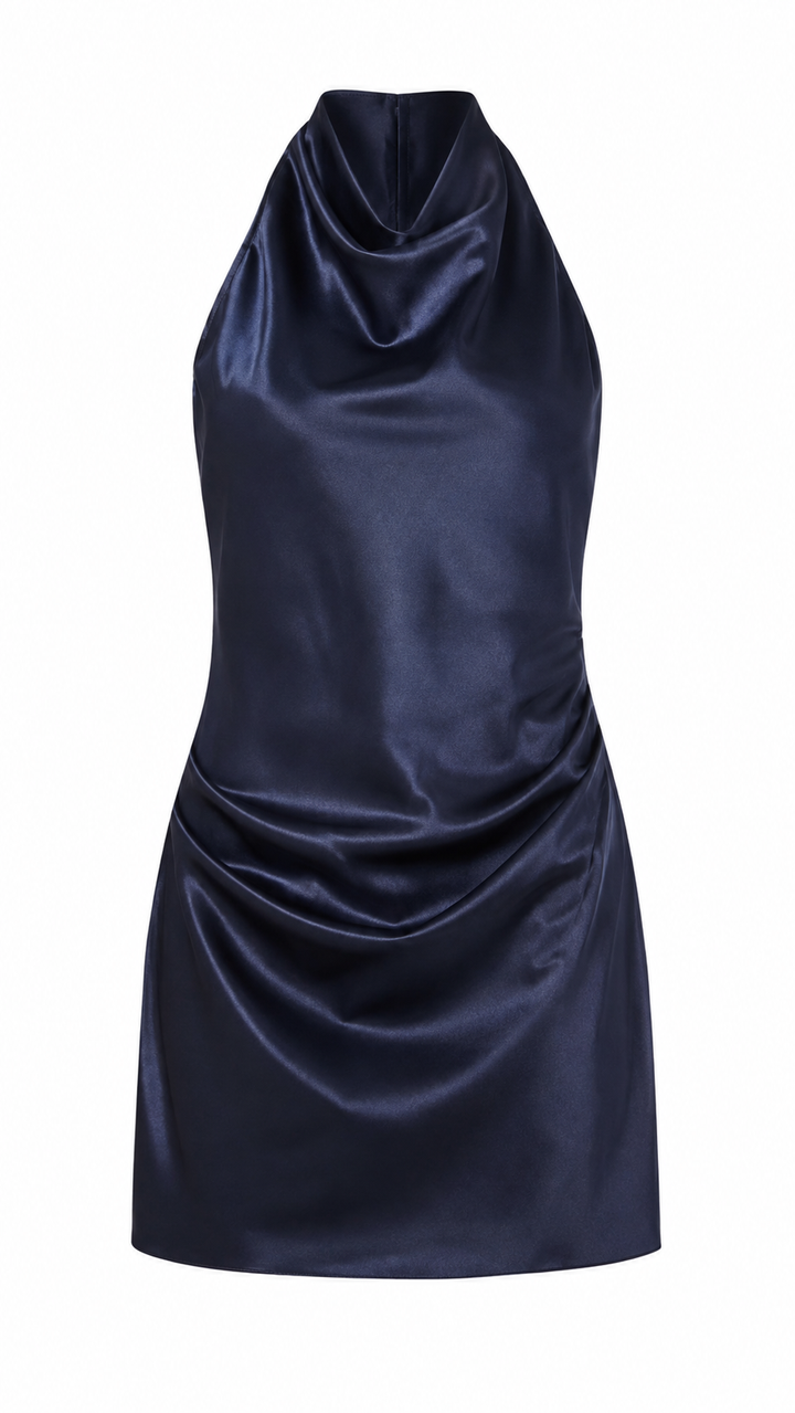 VESTIDO HALTER SATIN NAVY SIN ESPALDA