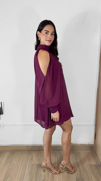 VESTIDO CORTO MANGA LARGA CHIFFON MAGENTA