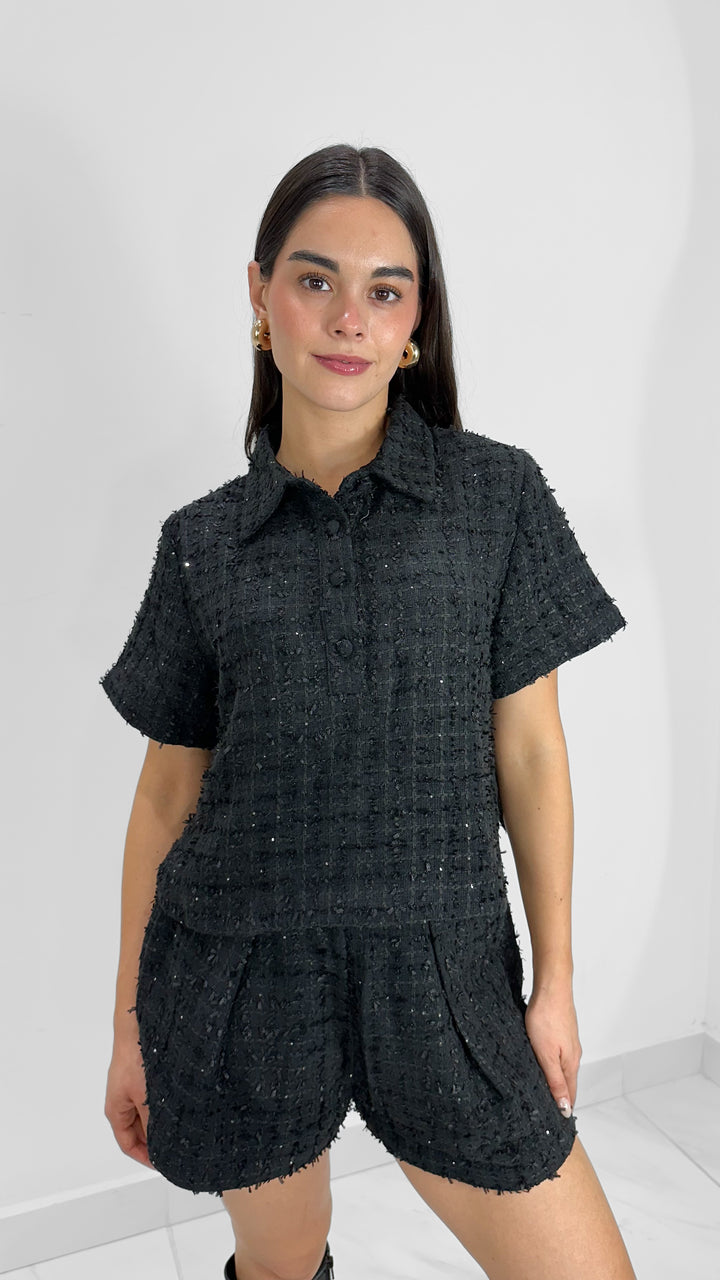 CONJUNTO TWEED TOP MANGA CORTA Y SHORTS