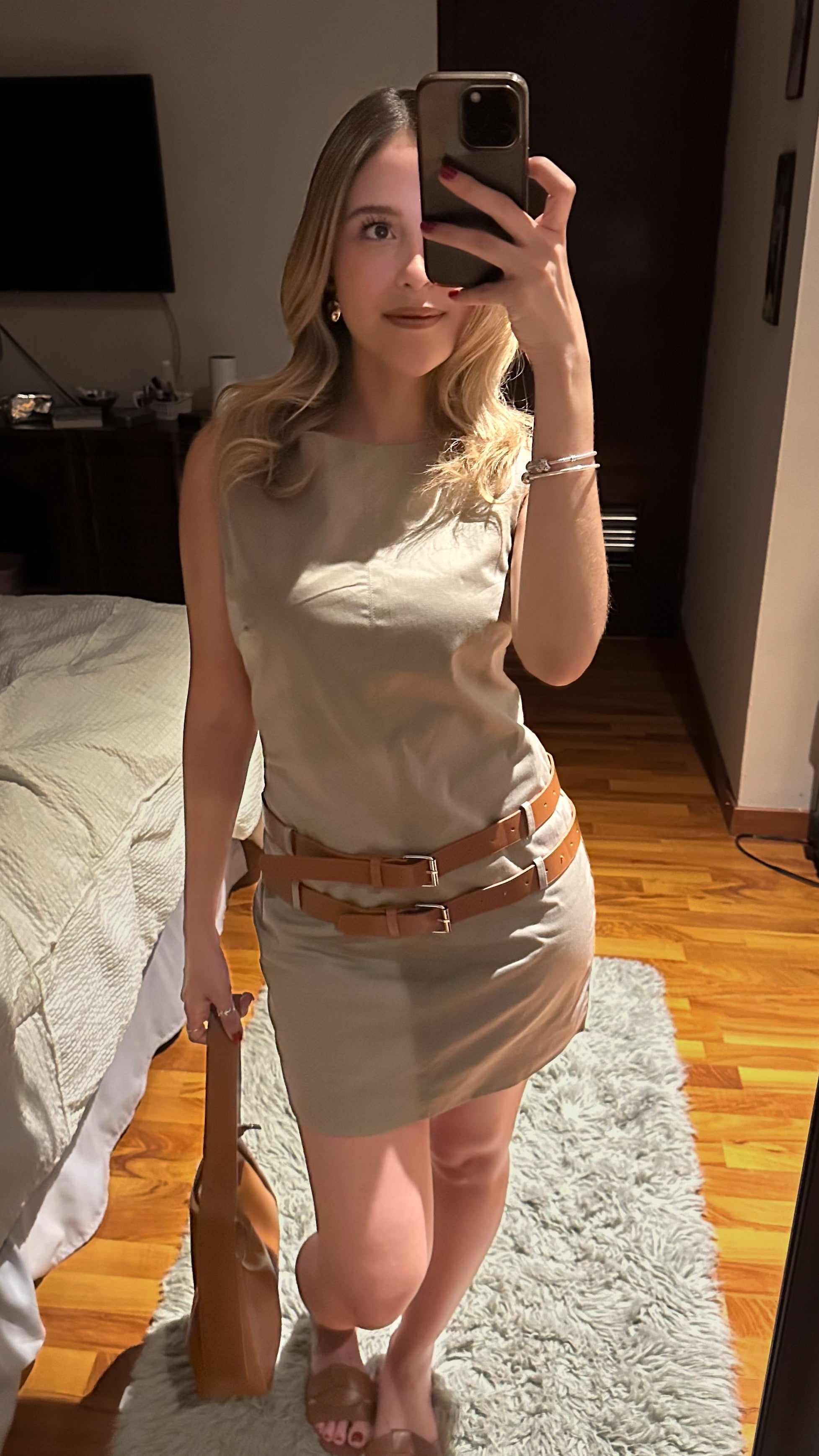 VESTIDO RECTO DOBLE TELA DOBLE CINTO TAUPE