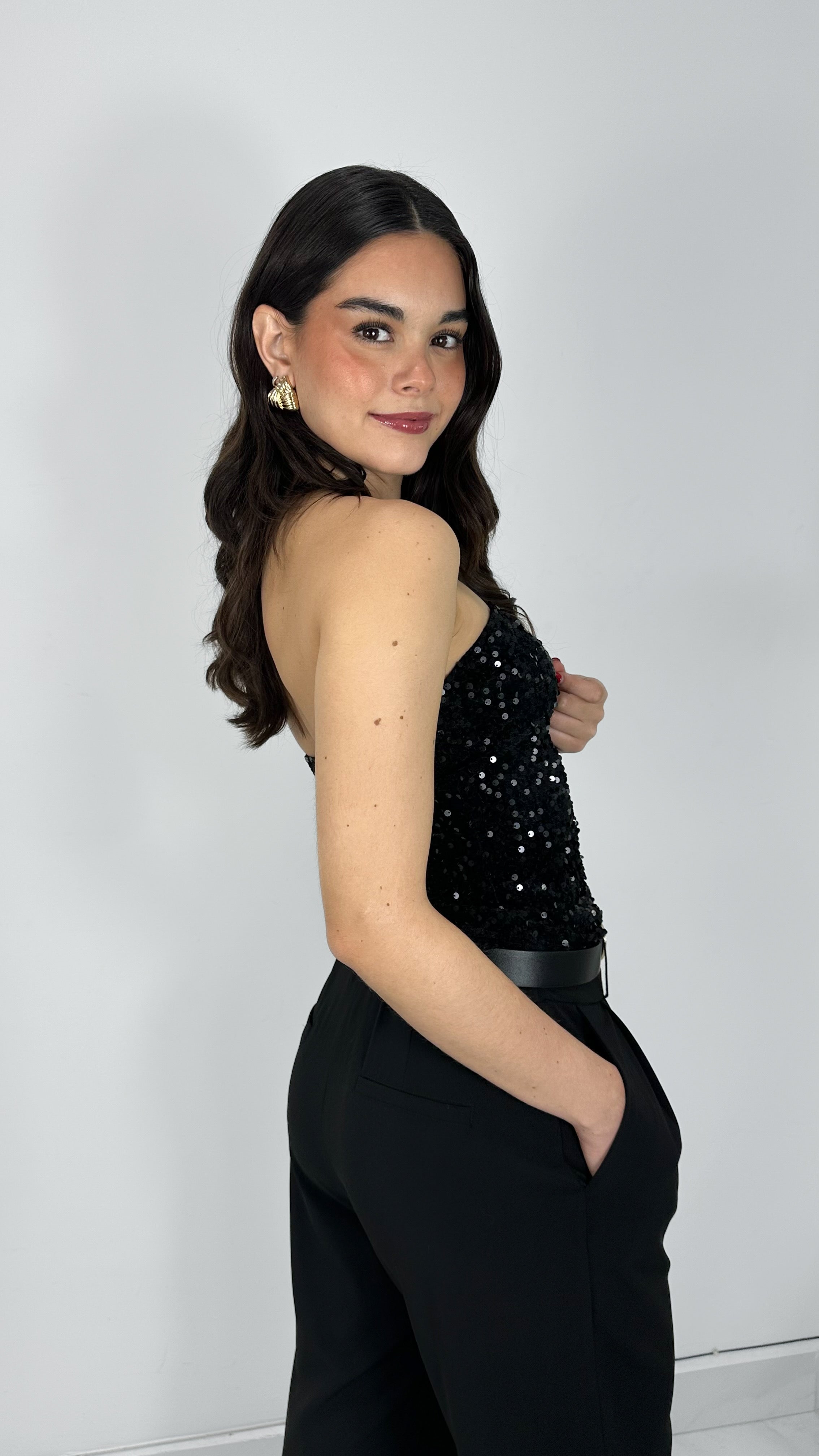 BLUSA STRAPLESS BLACK SEQUIN