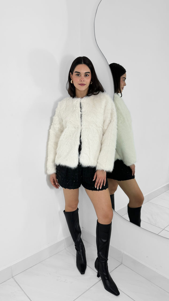 ABRIGO MANGA LARGA DE PELUCHE SINTÉTICO BLANCO