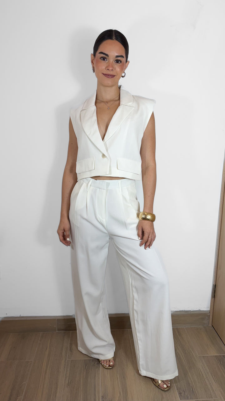 PANTALÓN FORMAL CON PLIEGUES WIDE LEG IVORY (SET)