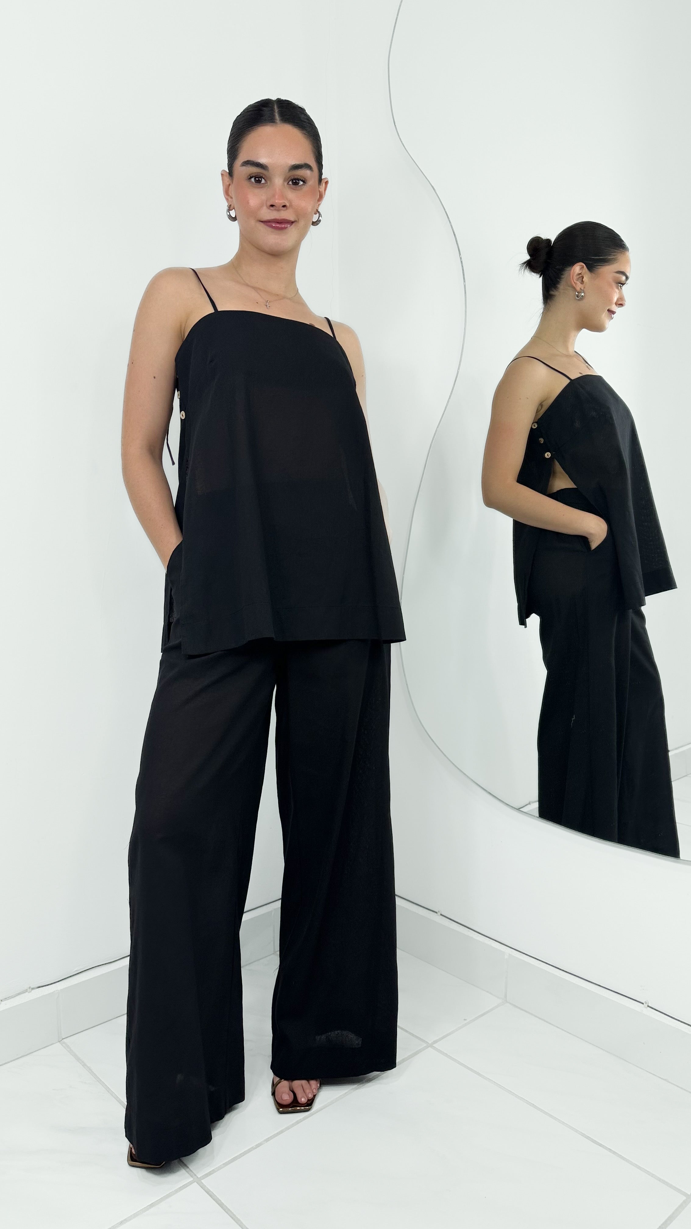 CONJUNTO WIDE LEG PANTS & MAXI BLUSA ABERTURA LINO ALL BLACK