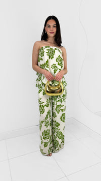 CONJUNTO WIDE LEG & BLUSA STRAPLESS FLOREADA VERDE