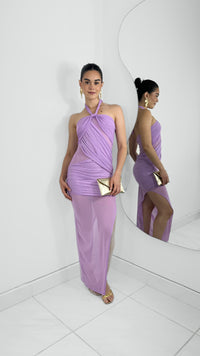 VESTIDO MIDI HALTER MESH DRAPEADO LAVANDA