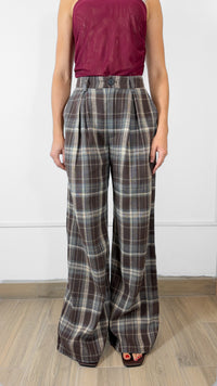 PANTALÓN FORMAL WIDE LEG DE CUADROS CAFÉ
