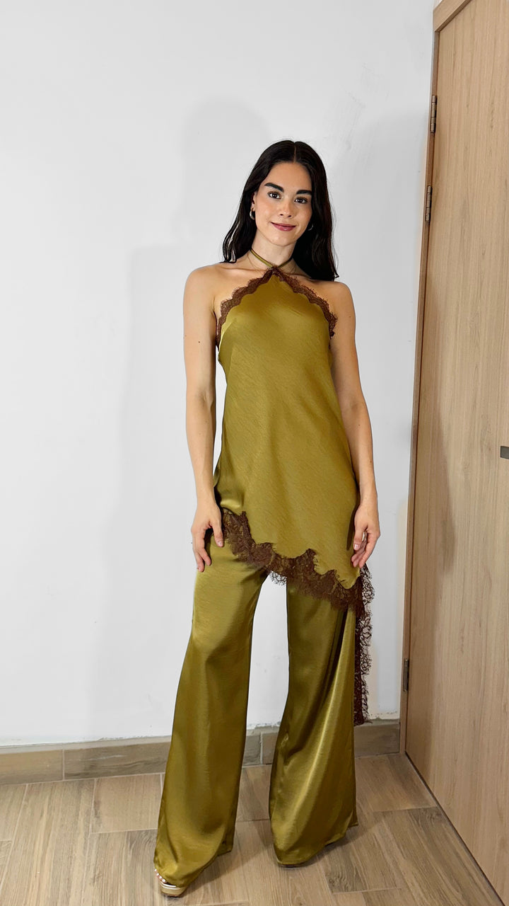 JUMPSUIT SATÍN OLIVO CON ENCAJE CAFÉ