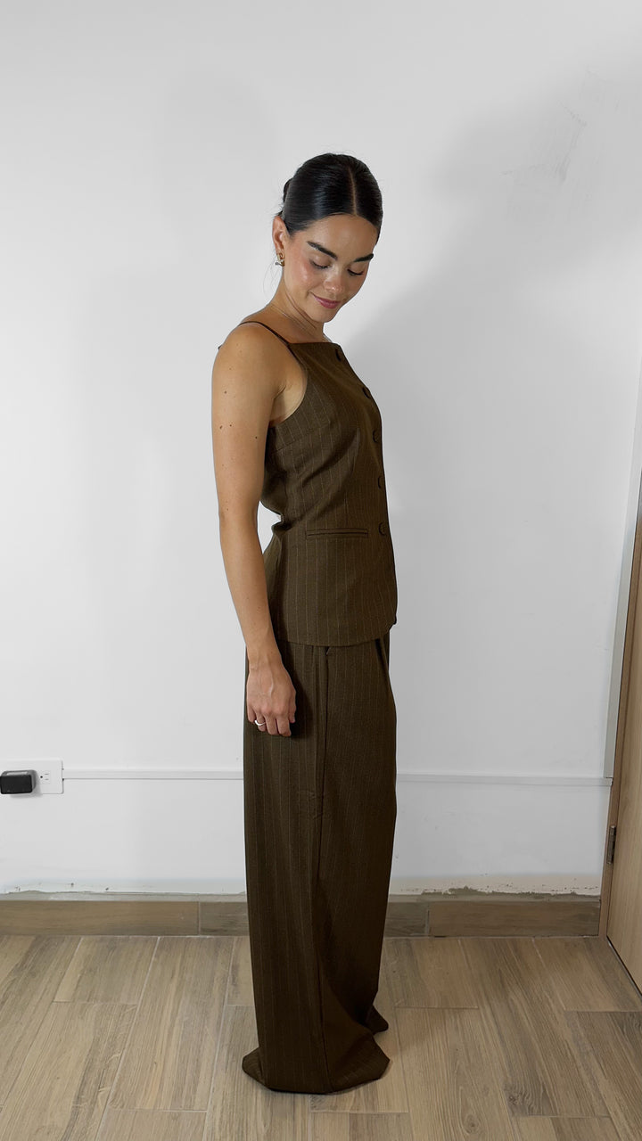 PANTALÓN CAPRI CAFÉ DE RAYAS (SET)