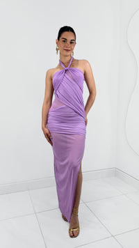VESTIDO MIDI HALTER MESH DRAPEADO LAVANDA
