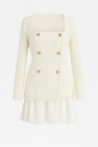 CONJUNTO TIPO VESTIDO DE CHAQUETA TWEED MANGA LARGA Y FALDA DE SATIN BLANCO