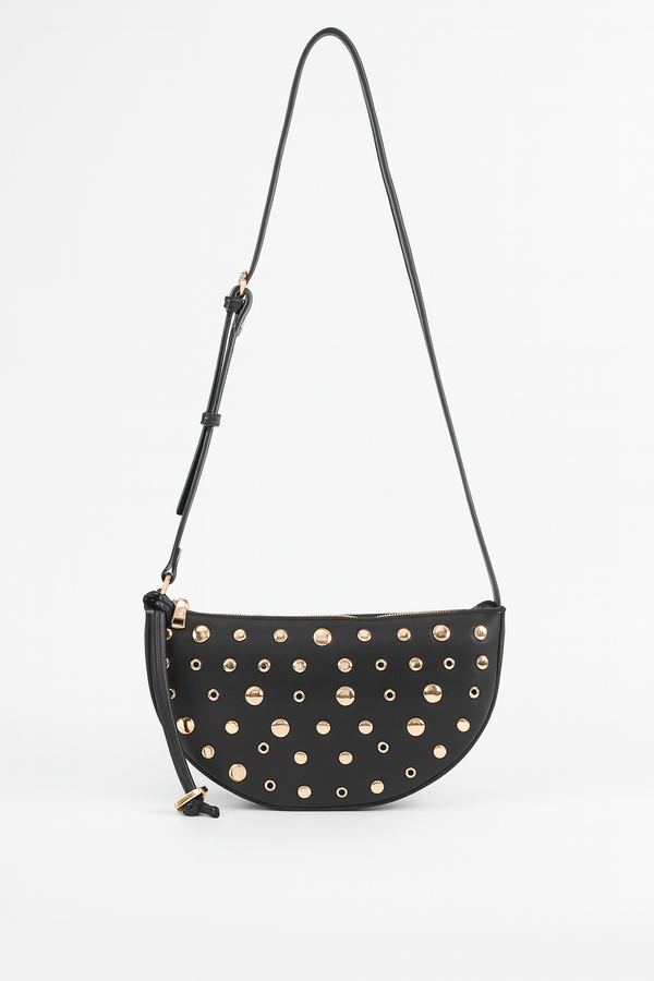 BOLSO CROSSBODY MEDIA LUNA CON REMACHES NEGRA