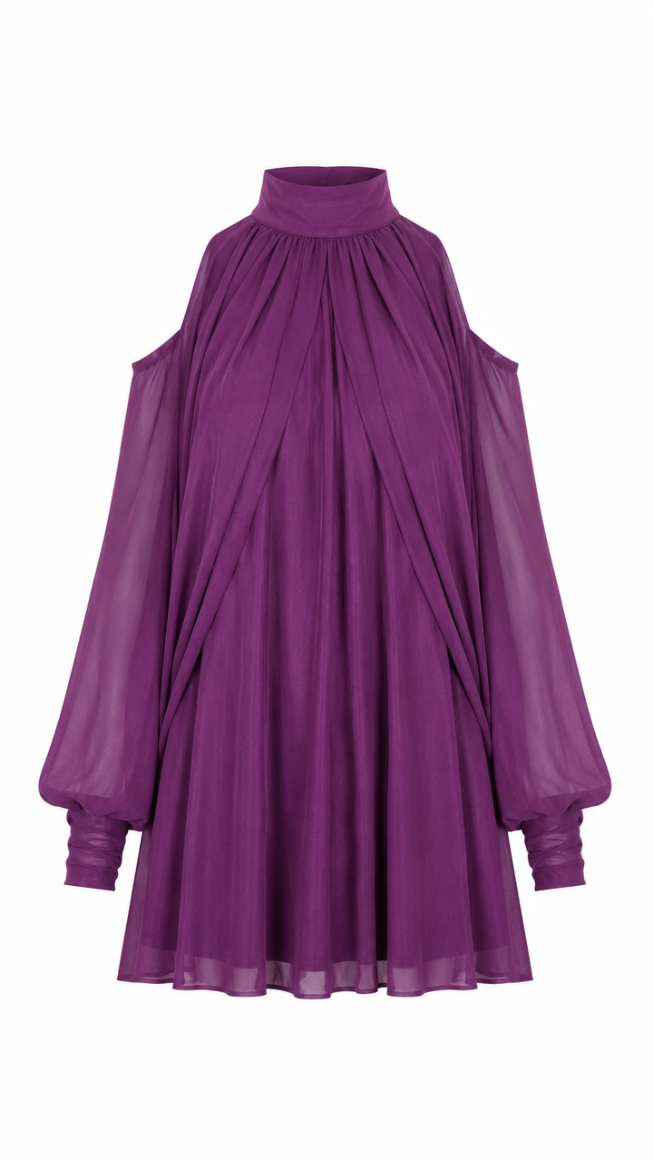 VESTIDO CORTO MANGA LARGA CHIFFON MAGENTA