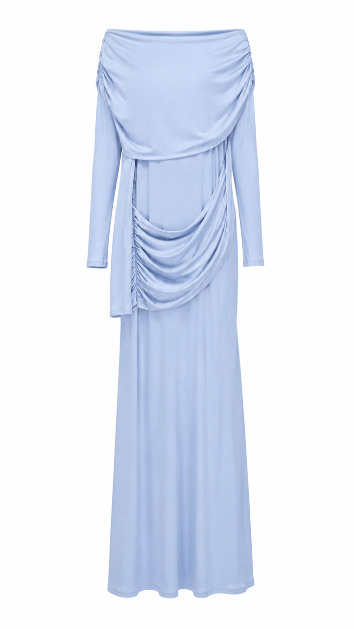 VESTIDO LARGO DOBLE TELA DRAPEADO BABY BLUE