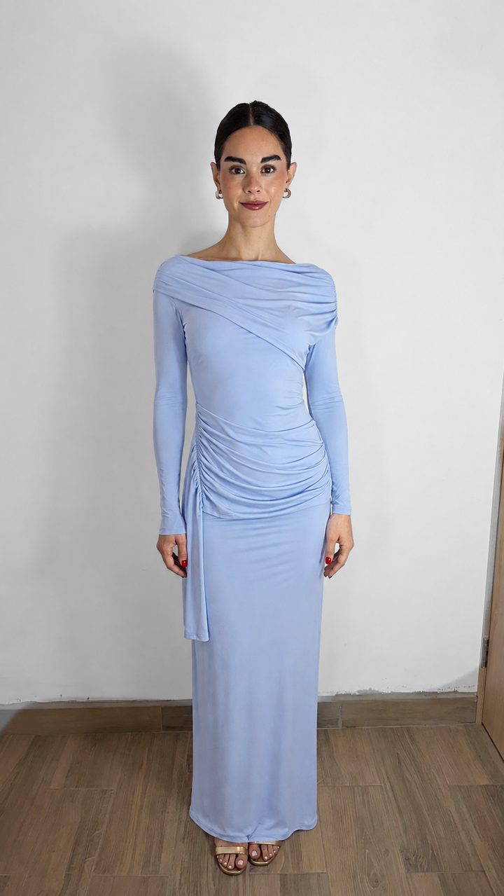 VESTIDO LARGO DOBLE TELA DRAPEADO BABY BLUE