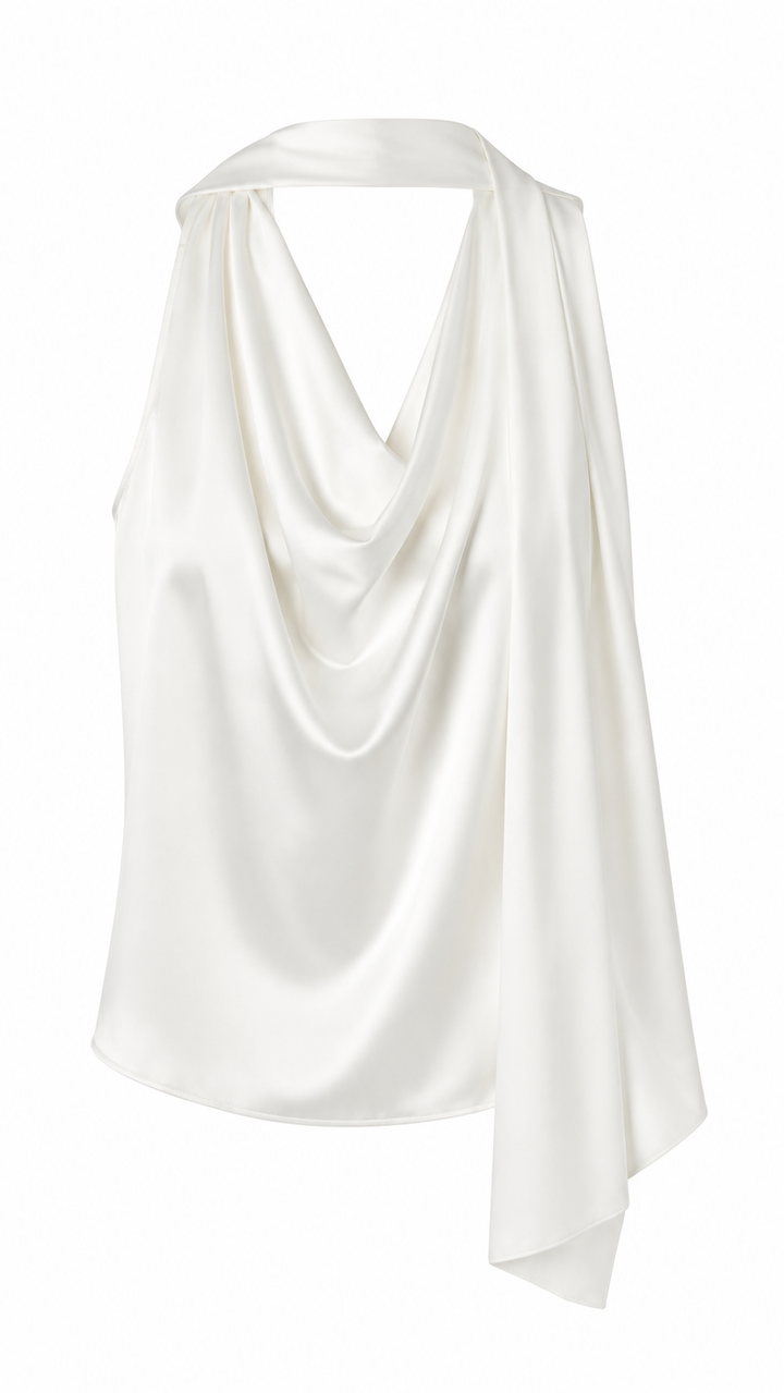 BLUSA SATINADA CON BUFANDA BLANCA