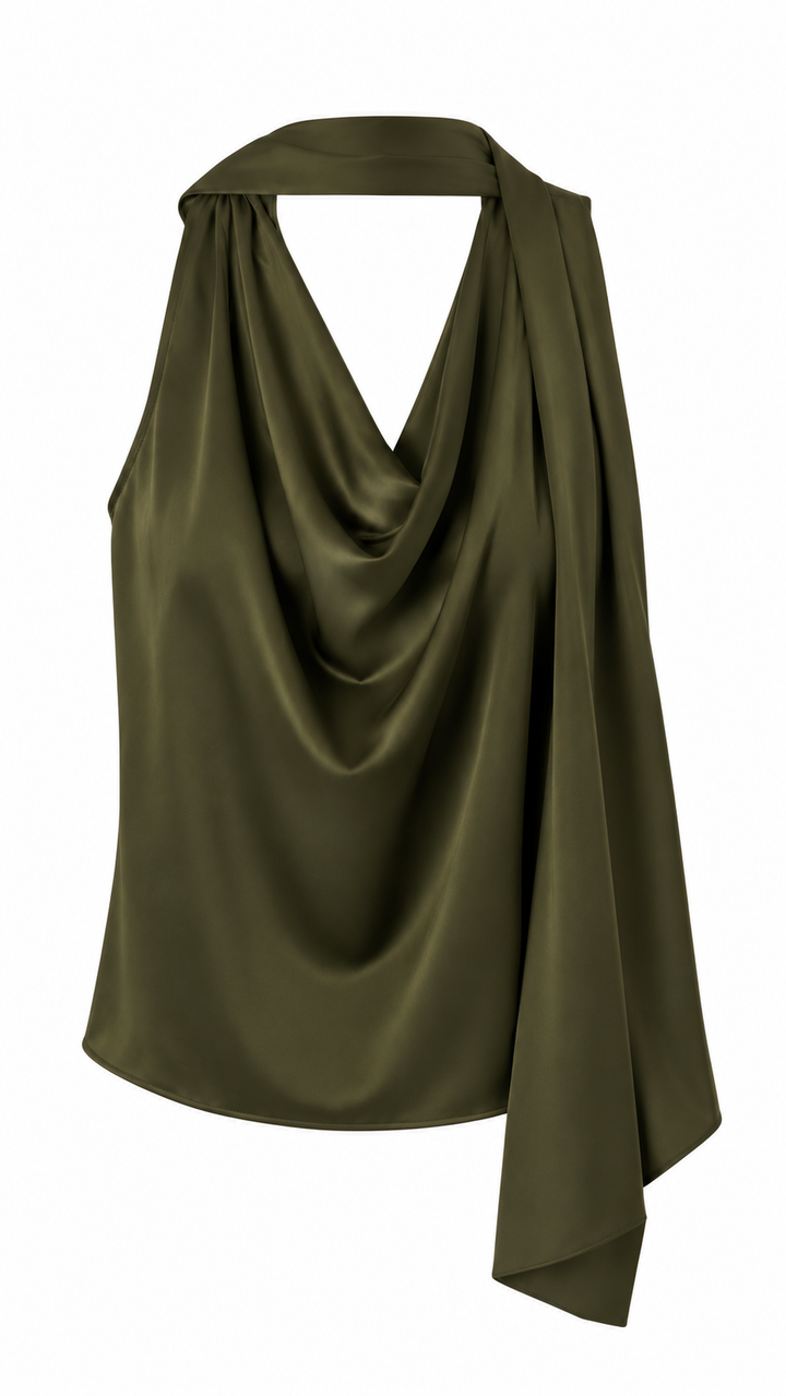 BLUSA SATINADA CON BUFANDA VERDE OLIVO