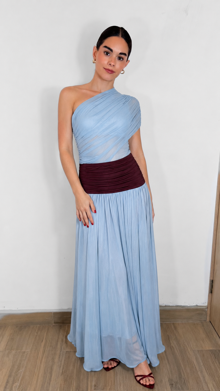 VESTIDO MAXI MESH AZUL CON VINO