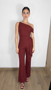 OFF SHOULDER WINE STRIPPED SET