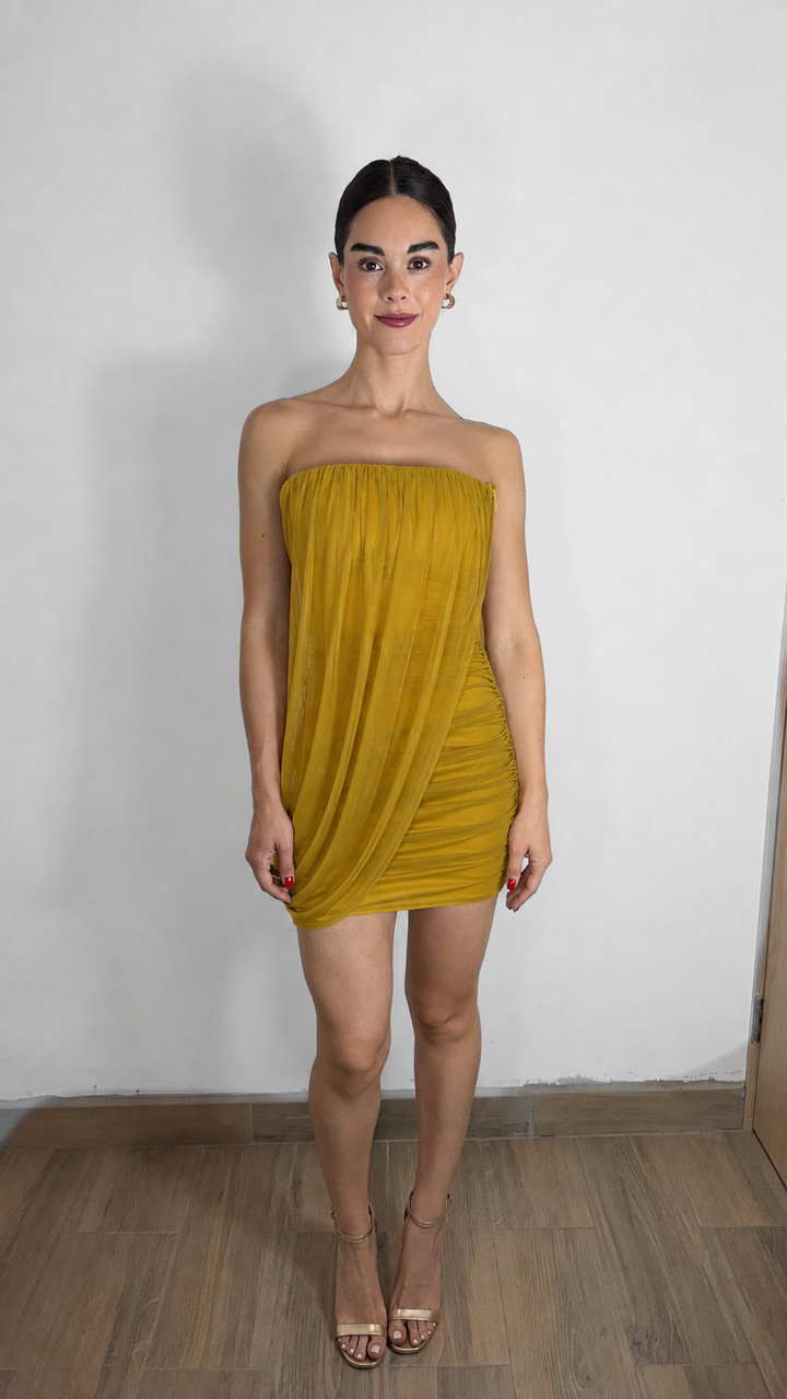 VESTIDO DRAPEADO MOSTAZA