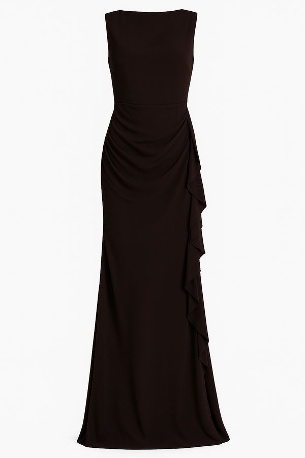 VESTIDO MAXI CAFE DE GASA CON ESCOTE DRAPEADO EN ESPALDA