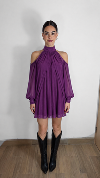 VESTIDO CORTO MANGA LARGA CHIFFON MAGENTA