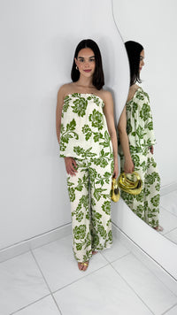 CONJUNTO WIDE LEG & BLUSA STRAPLESS FLOREADA VERDE