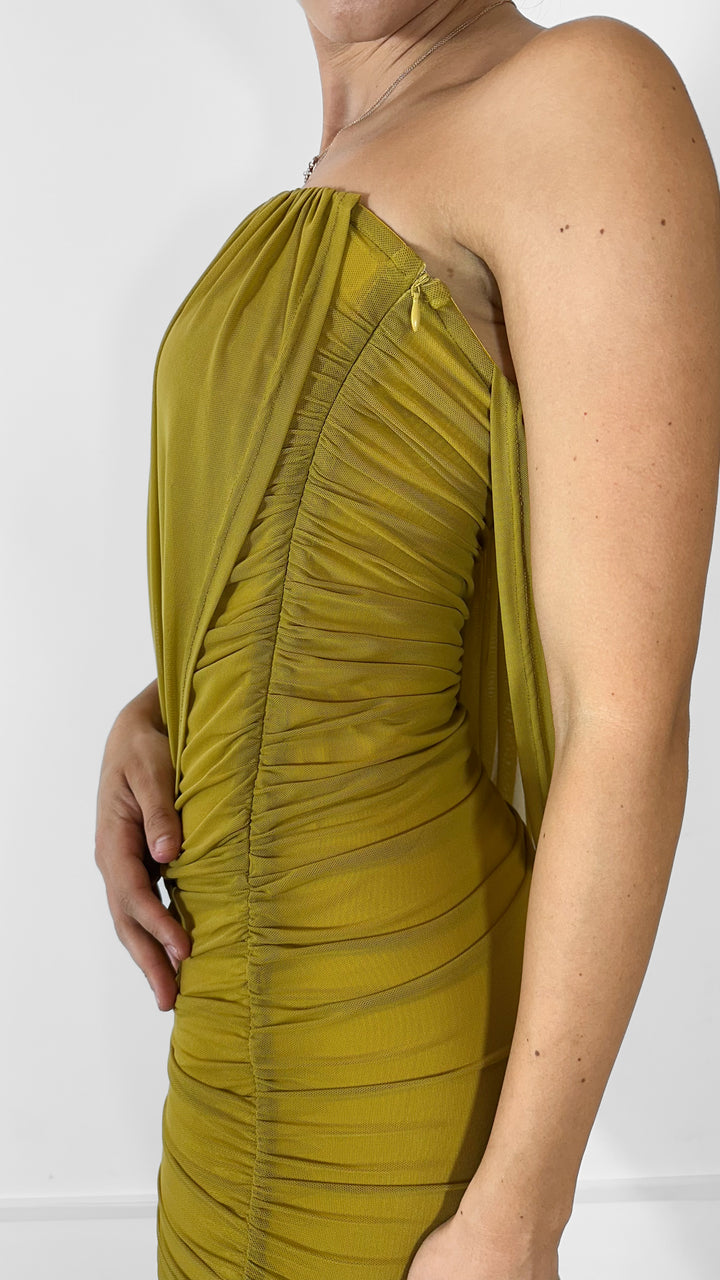 VESTIDO DRAPEADO MOSTAZA