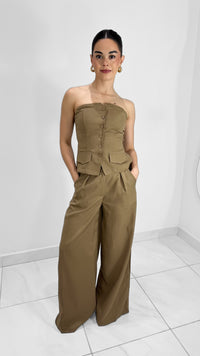 PANTALÓN FORMAL WIDE LEG CON PINZA MOCHA (SET)