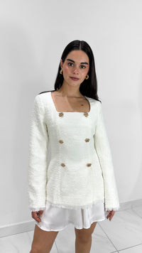 CONJUNTO TIPO VESTIDO DE CHAQUETA TWEED MANGA LARGA Y FALDA DE SATIN BLANCO
