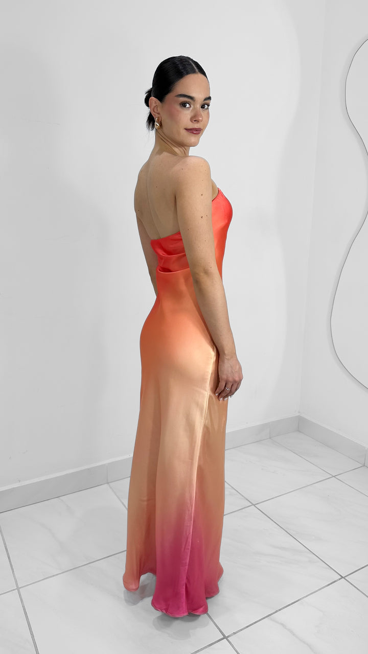 VESTIDO LARGO STRAPLESS SATIN BICOLOR NARANJA