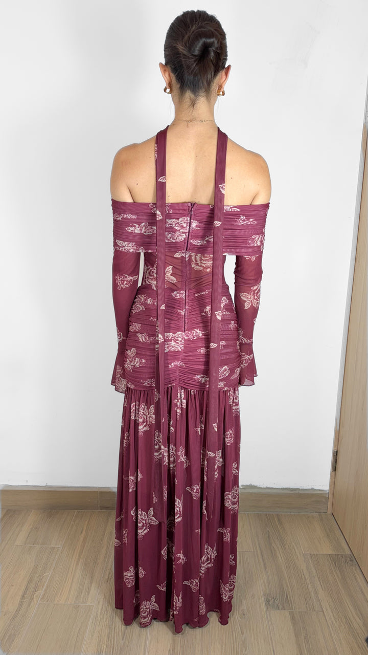 VESTIDO MAXI RED WINE MANGA LARGA