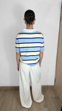 T-SHIRT STRIPPED CUELLO V AZUL