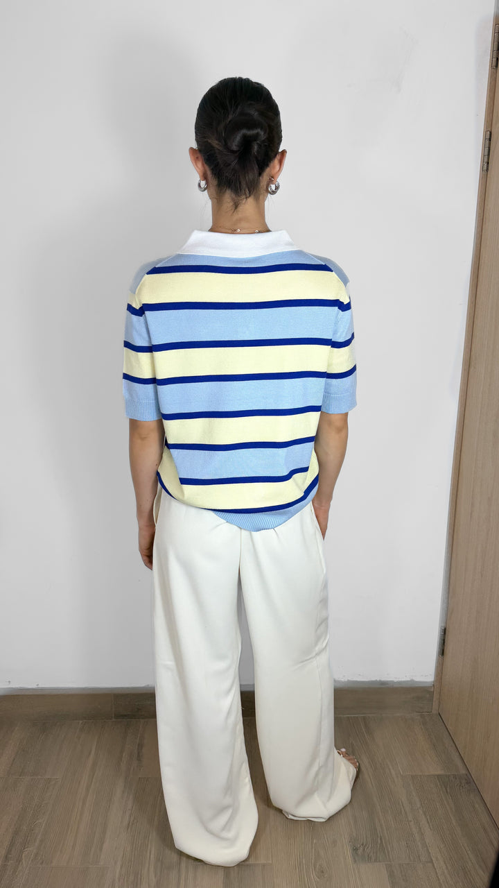 T-SHIRT STRIPPED CUELLO V AZUL